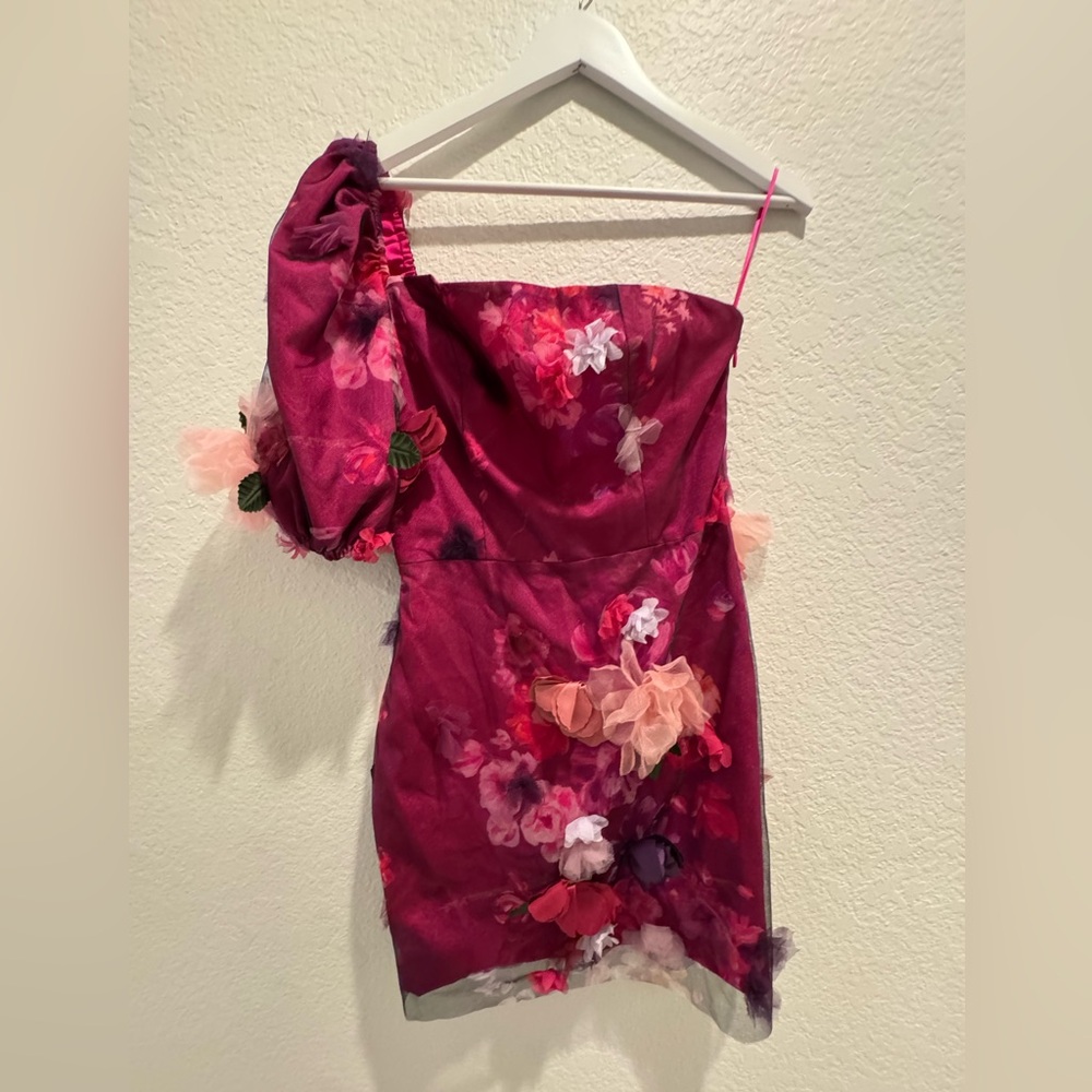 🦄 Dress the Population Sz S Fuchsia 3D Floral One Shoulder Mini Dress